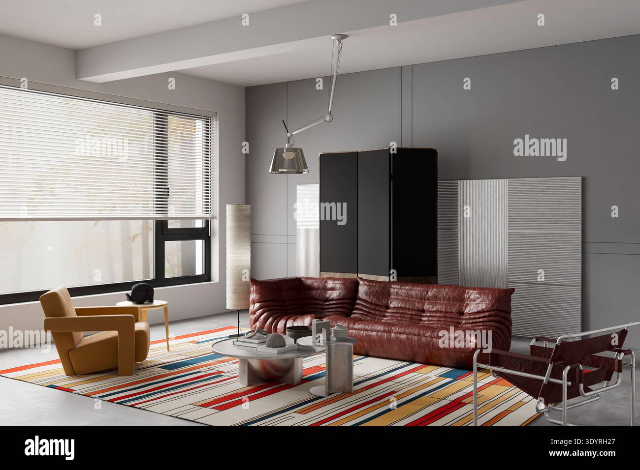Elegante soggiorno contemporaneo con divano in pelle scultorea, poltrona tubolare e tappeto geometrico grafico che creano un suggestivo arredamento moderno Foto Stock