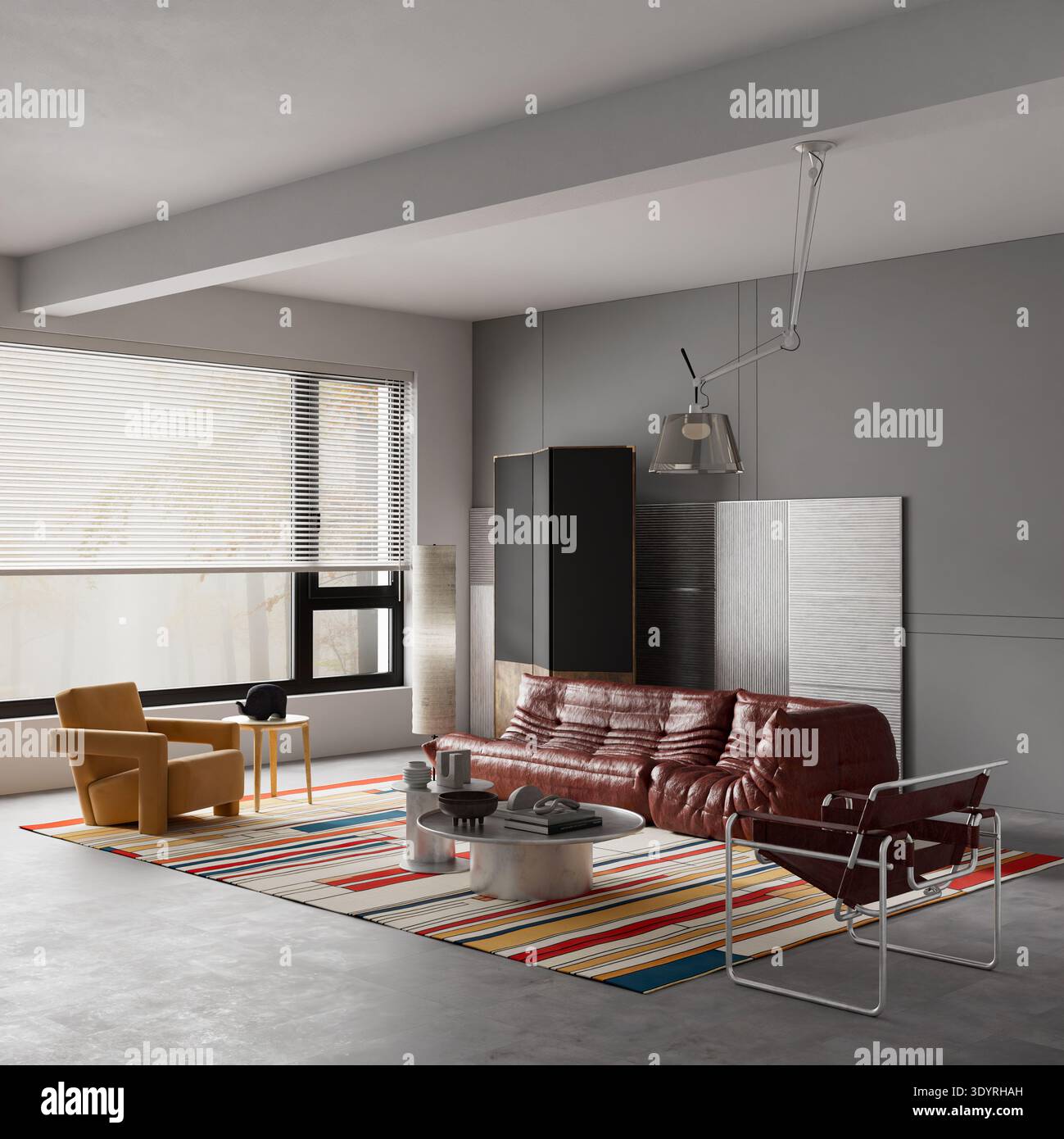 Elegante soggiorno contemporaneo con divano in pelle scultorea, sedia tubolare e tappeto geometrico grafico con ampio spazio negativo sulle pareti. 3D. Foto Stock