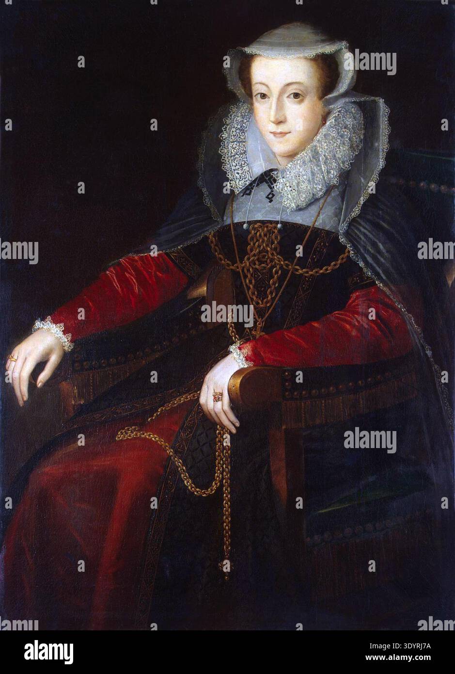 Dipinto di Maria Stuart, regina di Scozia, seduta in un elaborato abbigliamento tipico della nobiltà europea. L'opera riflette lo stile del periodo Tudor. xix secolo. Foto Stock