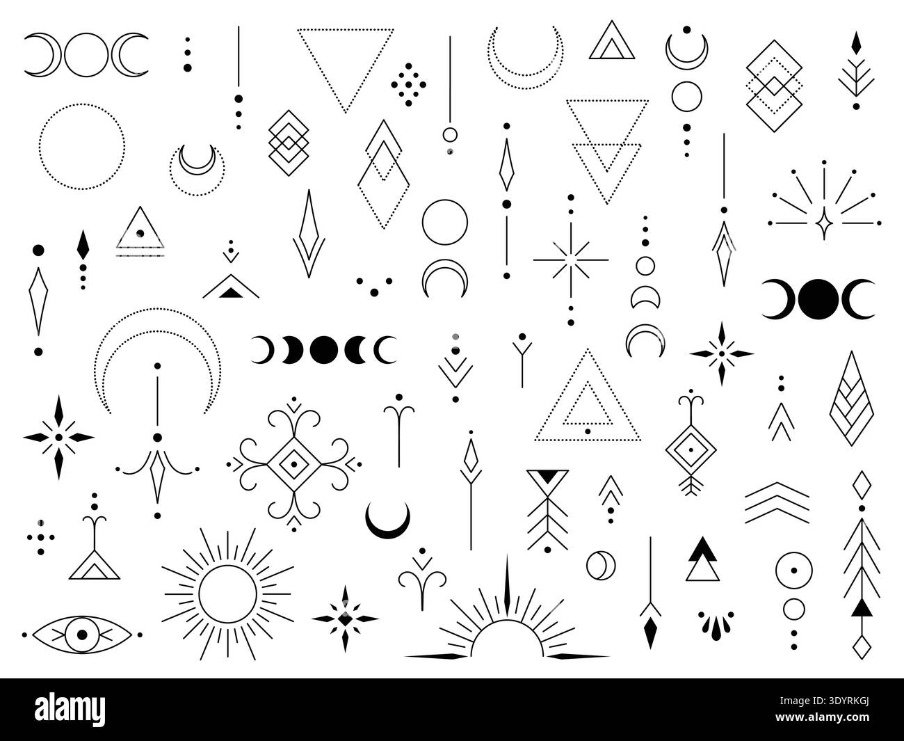Set di geometrie sacre minimaliste e collezione lune stelle frecce e forme astratte design del tatuaggio poster di branding di arte spirituale Illustrazione Vettoriale