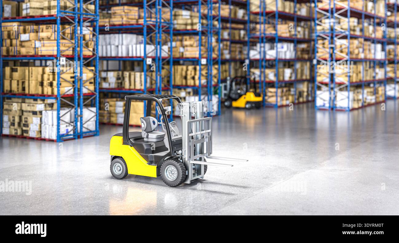 Carrello elevatore a forche giallo in un grande magazzino di distribuzione 3d. Foto Stock