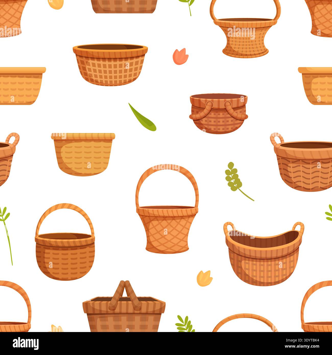 Motivo senza cuciture cestello in vimini. Cesti in stile rurale, accessori eleganti per lo shopping e il picnic. Stampa decorativa per tessuto, sfondo vettoriale Illustrazione Vettoriale
