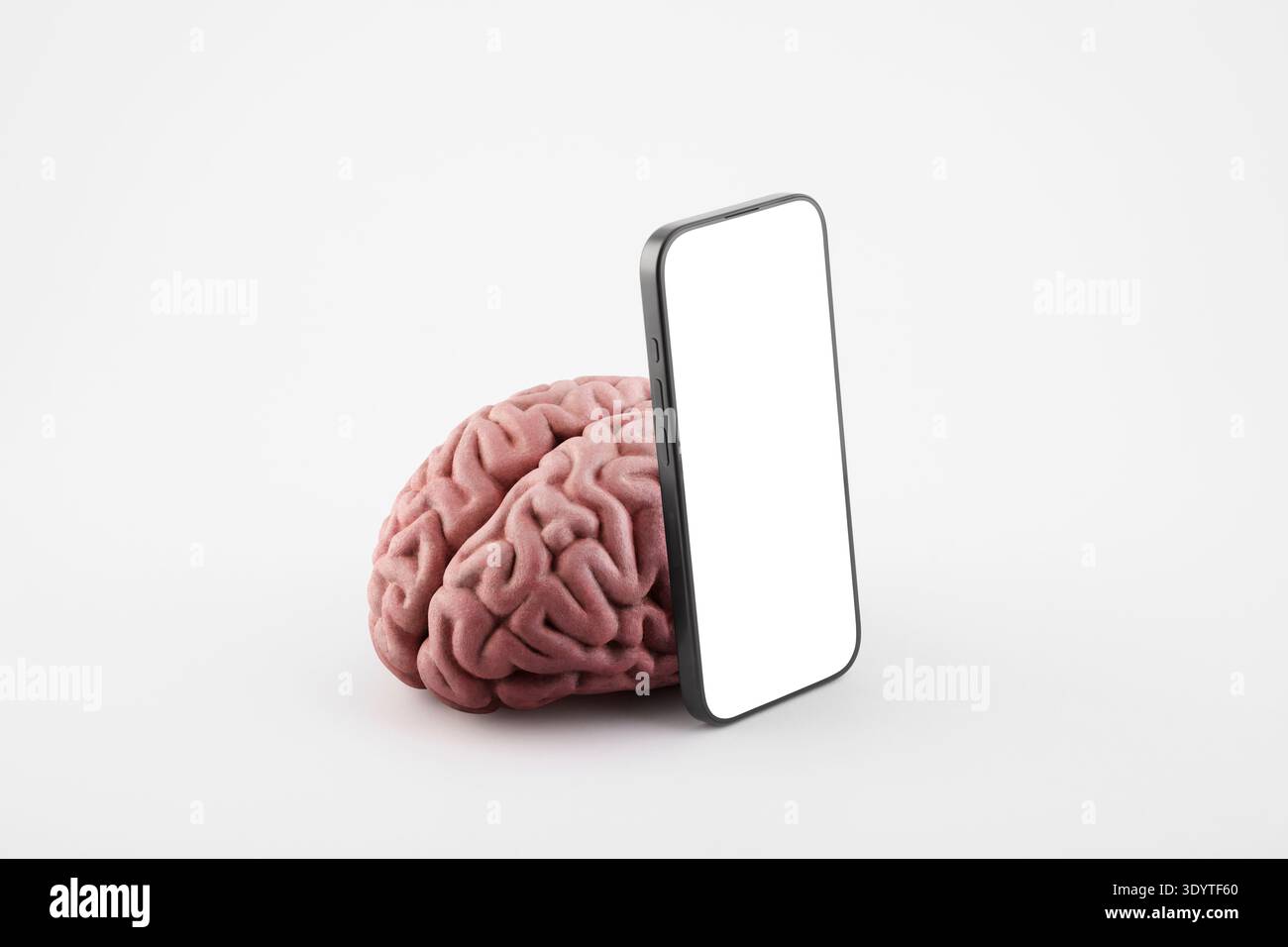 Smartphone moderno con schermo vuoto e cervello umano su sfondo bianco Foto Stock