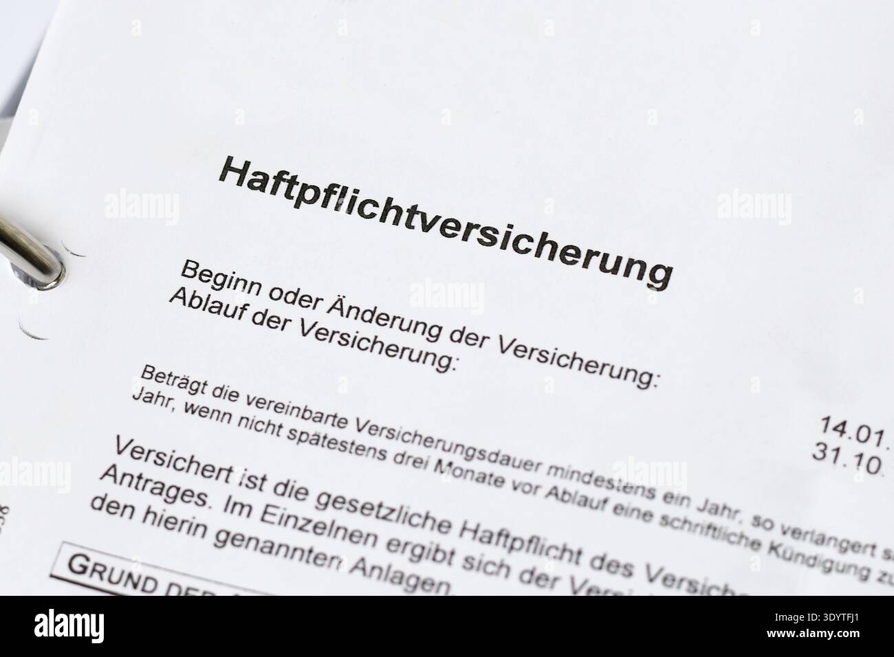 Germania - 20 febbraio 2026: Primo piano della parola tedesca Haftpflichtversicherung stampata su un documento assicurativo. Termine tedesco per assicurazione responsabilità civile Foto Stock