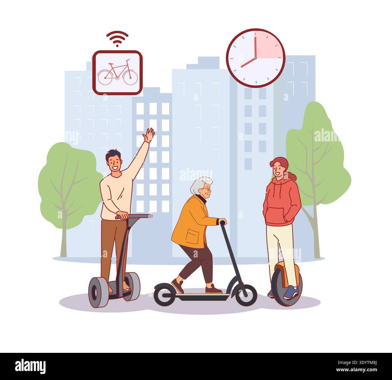 Trasporto elettrico cittadino. Le persone viaggiano su scooter, monocicli e segway, dispositivi ecologici, mobilità urbana, vettore personale di veicoli ecologici Illustrazione Vettoriale