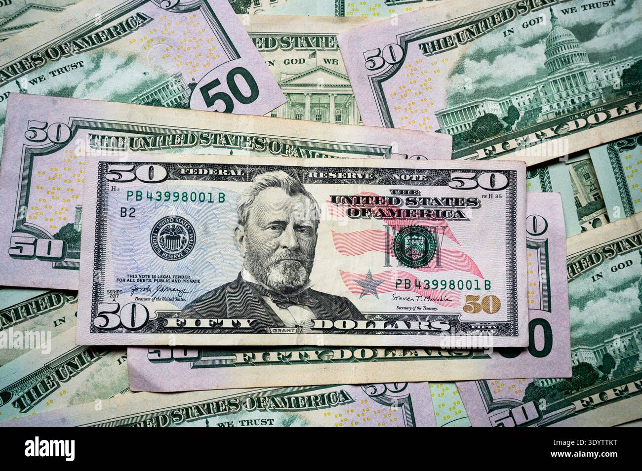 Banconota da 50 dollari degli Stati Uniti, con l'ex presidente Ulysses S Grant sul fronte Foto Stock