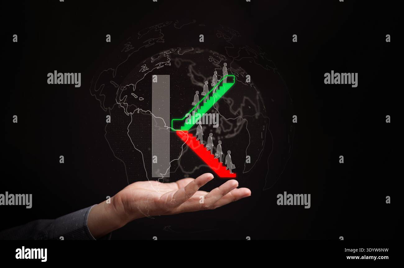 Concetto di ripresa economica a forma di K. Hand tiene il globo e il grafico che mostra la divergenza tra i settori o industrie prosperi e in declino. Irregolare Foto Stock