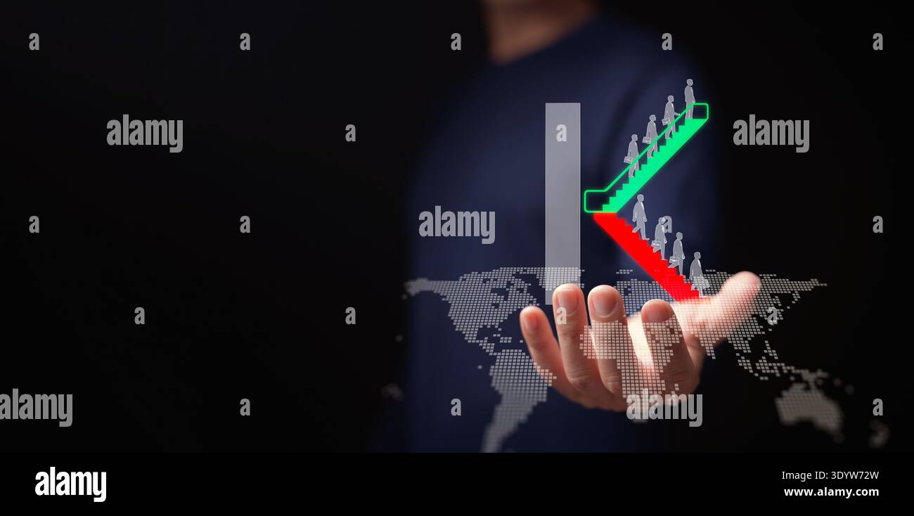 Concetto di ripresa economica a forma di K. Un uomo possiede un grafico scala mobile a forma di K di divergenza tra settori o industrie a crescita elevata e a bassa crescita. Irregolare Foto Stock