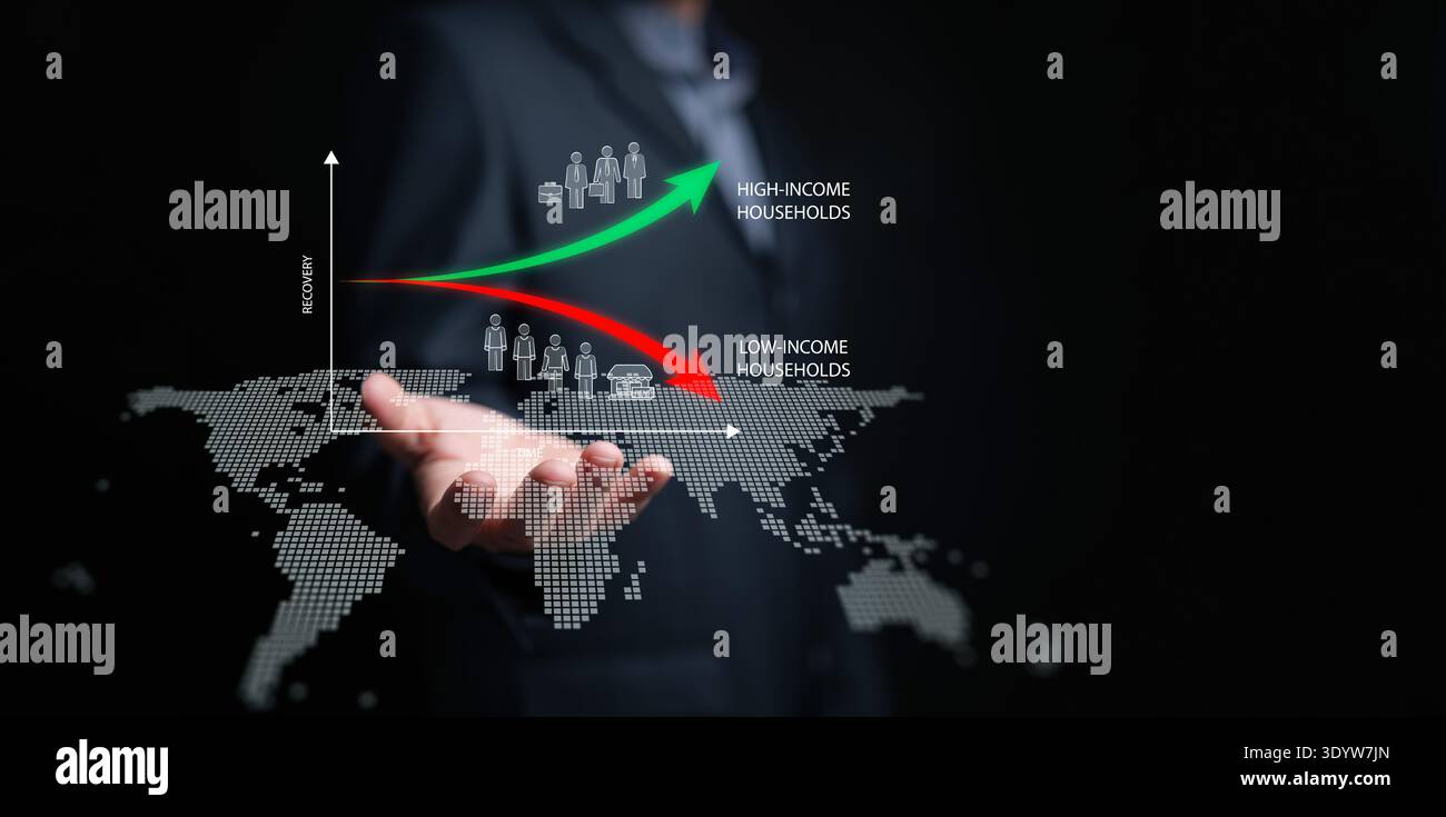 Concetto di ripresa economica a forma di K. L'uomo d'affari detiene la mappa mondiale e il grafico della divergenza tra famiglie ad alto reddito e famiglie a basso reddito nell'econom globale Foto Stock