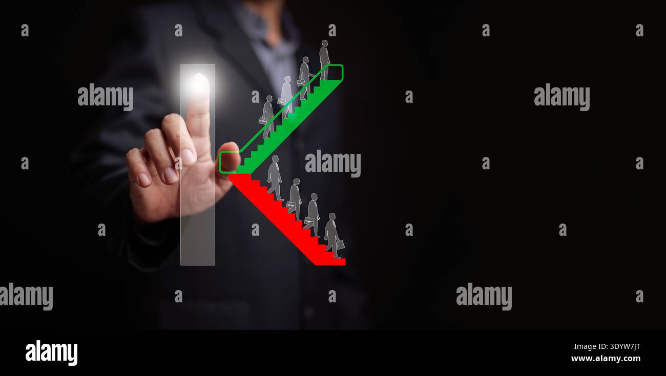 Concetto di recupero economico a forma di K. Un uomo d'affari tocca il grafico che mostra la divergenza tra i settori o industrie prosperi e in declino. Irregolare Foto Stock