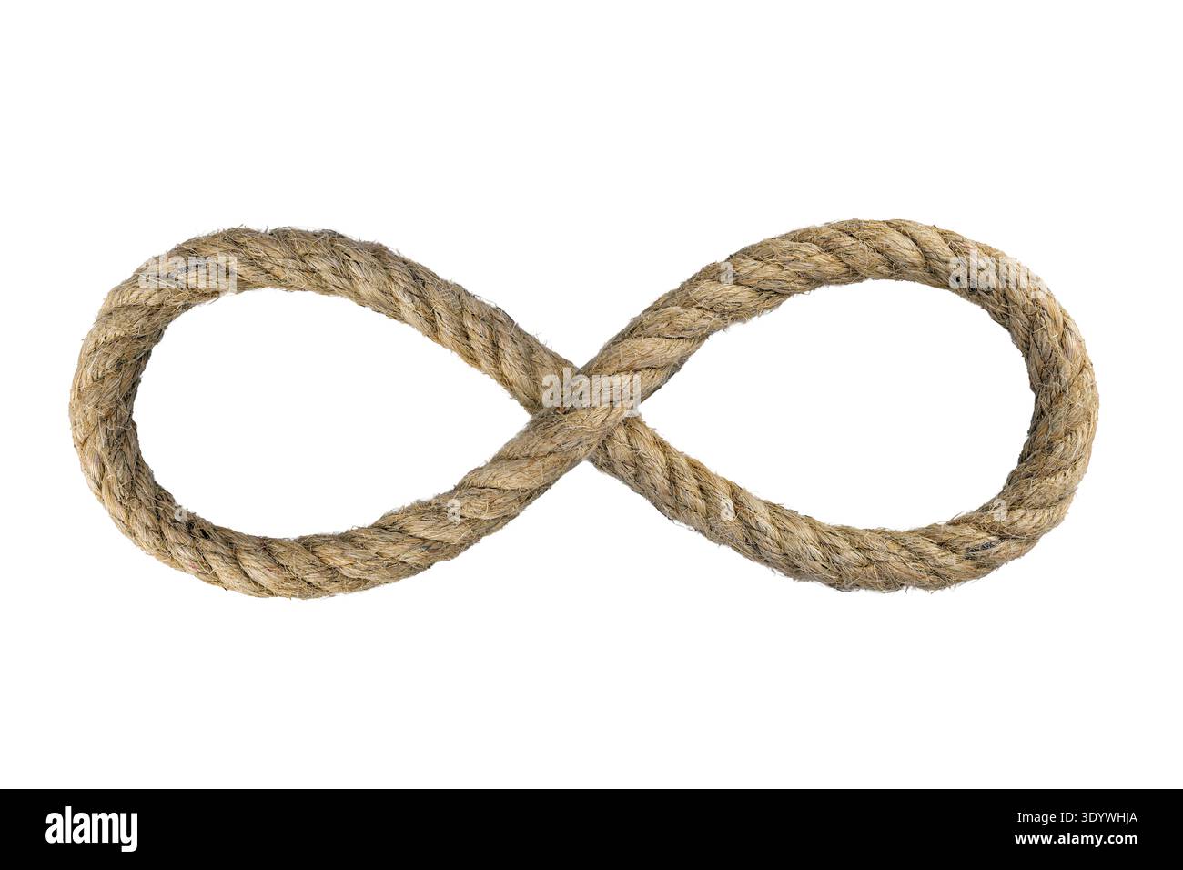 Questo straordinario simbolo a infinito, meticolosamente realizzato in robusta corda di iuta naturale, parla di temi di connessione eterna e di forza intransigente. IT Foto Stock