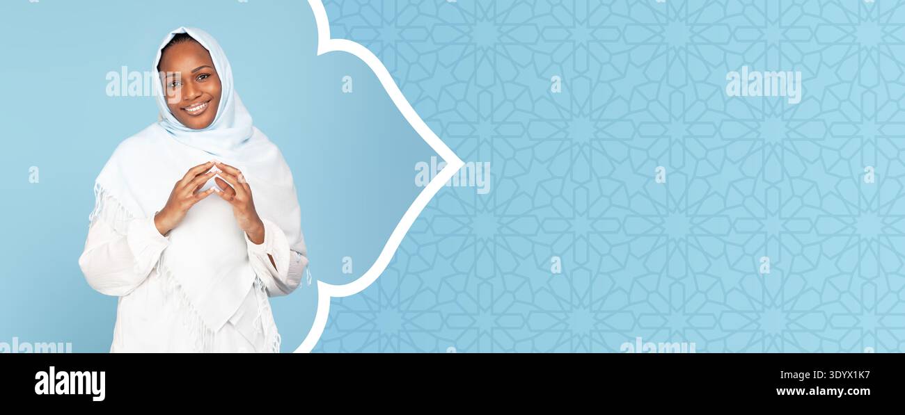Collage di una donna in un Hijab azzurro su un semplice sfondo blu Foto Stock