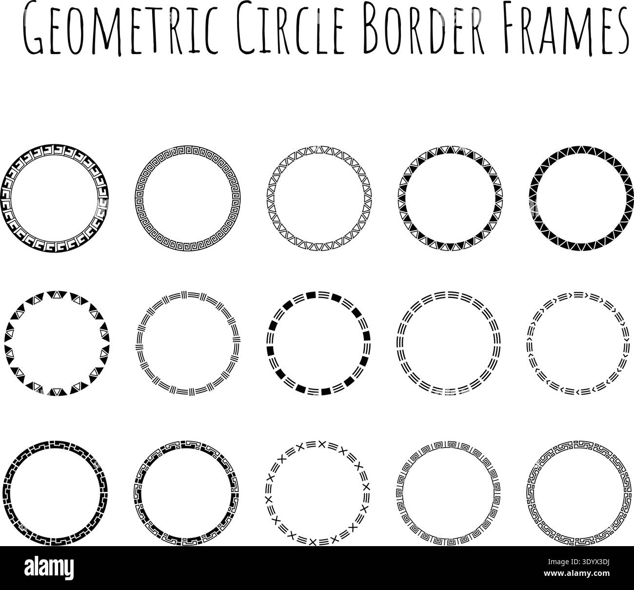 Set di cornici geometriche per bordi circolari, greche Key Meander Triangle Dash Azteco etnico ornamentale ad anello rotondo Clipart Illustrazione Vettoriale