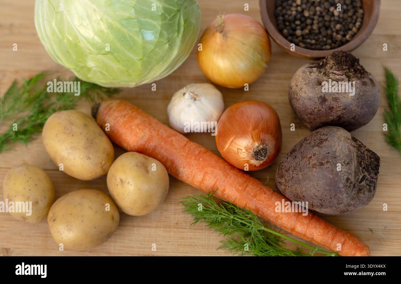 Ingredienti freschi per borscht di verdure tradizionali su tagliere di legno, tra cui cavolo, barbabietola, carote, patate, cipolla, aglio e aneto. Foto Stock
