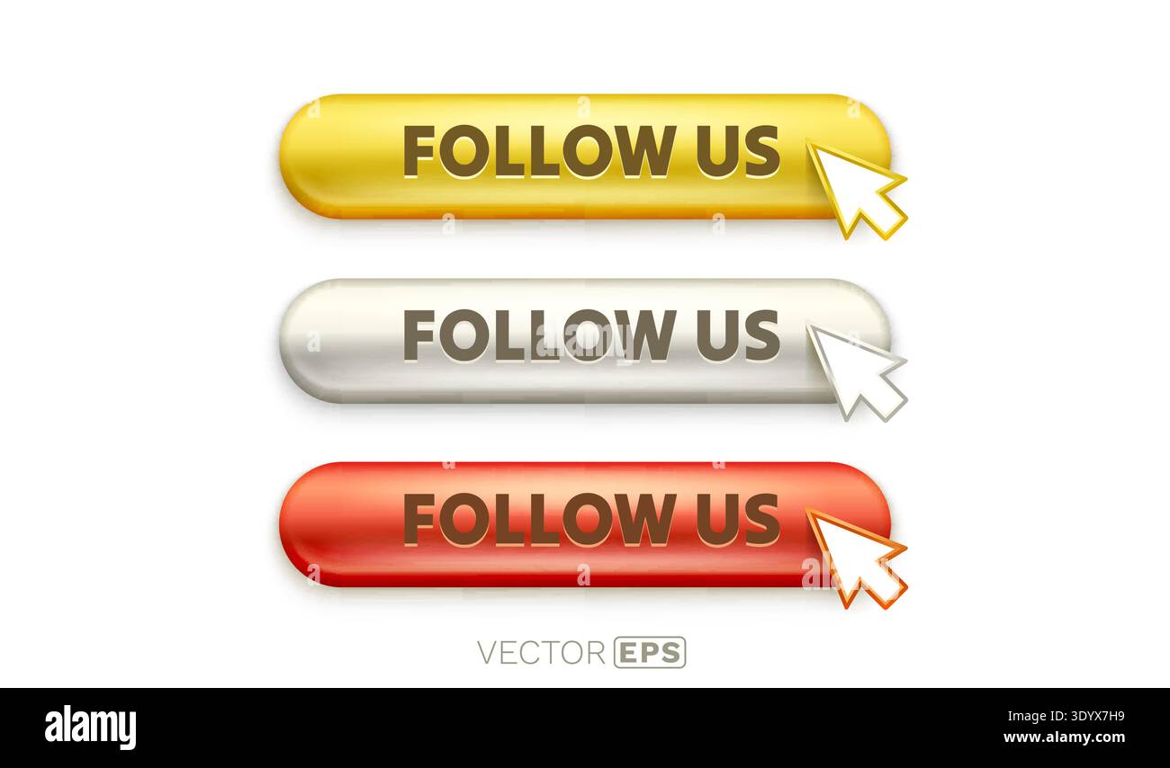 Set di pulsanti lucidi Seguici per i social media. Un cursore del mouse evidenzia l'invito all'azione. Illustrazione vettoriale. Illustrazione Vettoriale