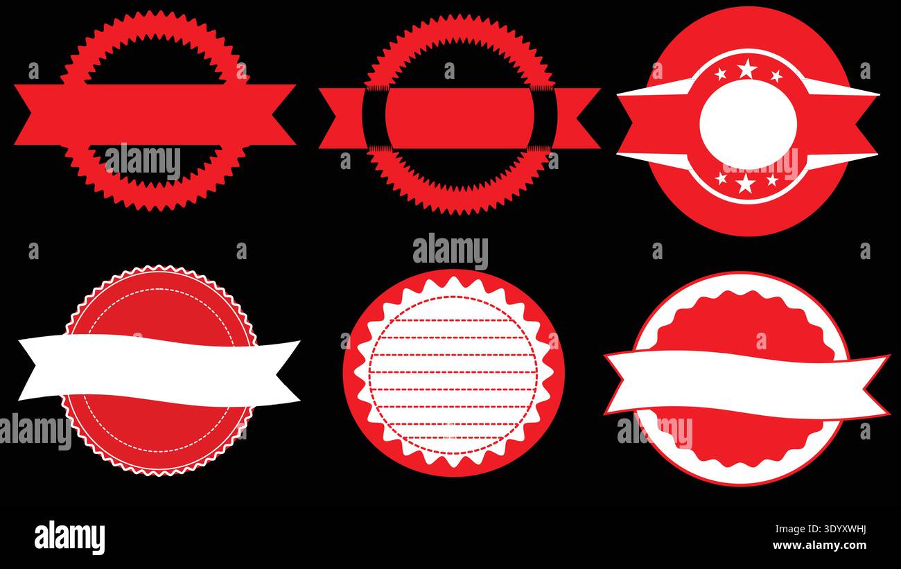 Questa immagine presenta una serie di etichette rosse e bianche e badge su sfondo nero. La collezione comprende varie forme e disegni, Illustrazione Vettoriale