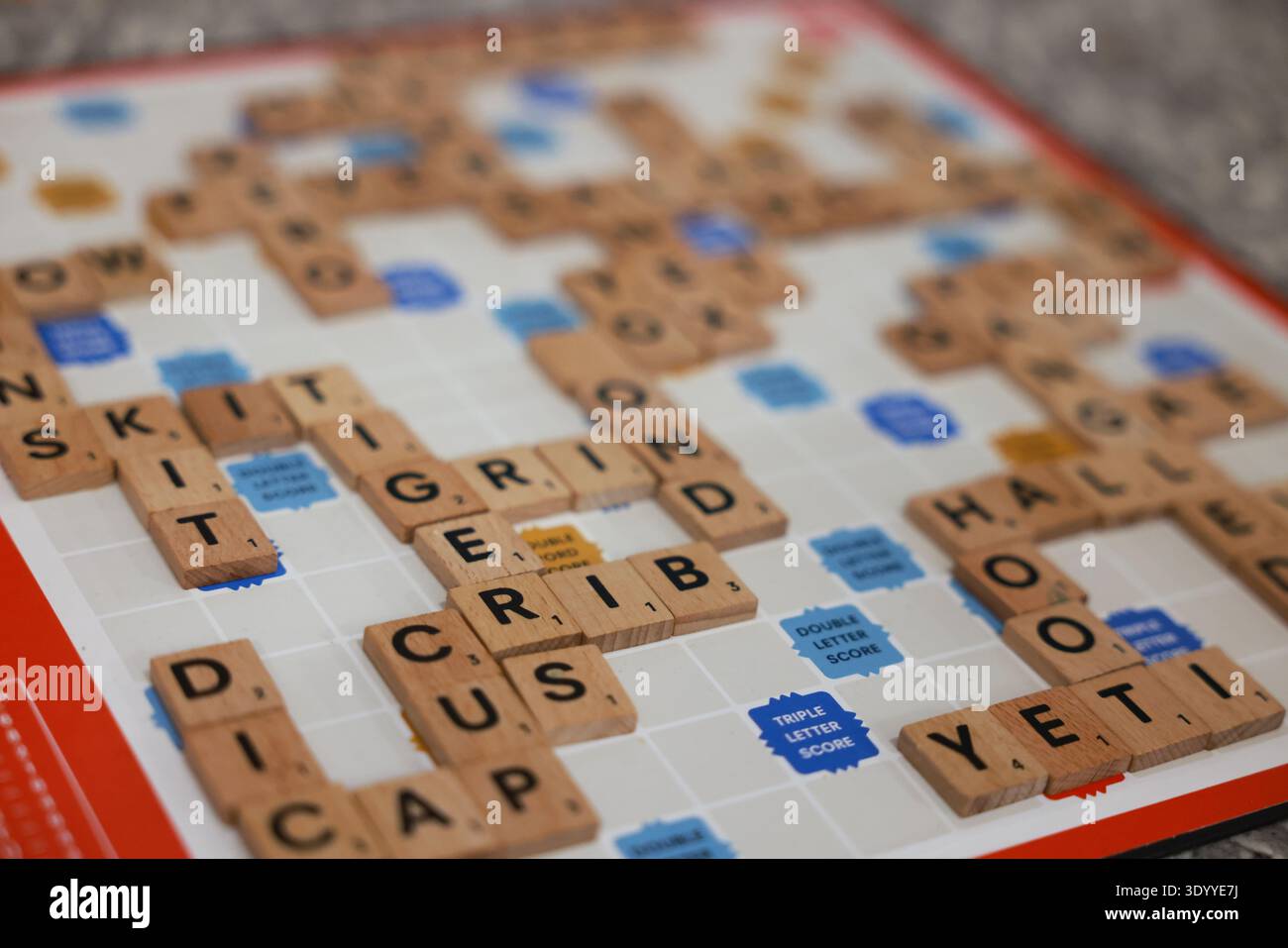 Tessere di lettere in legno su tabellone che formano parole, puzzle di parole educative e gioco di vocabolario. English Vocabulary Game Foto Stock