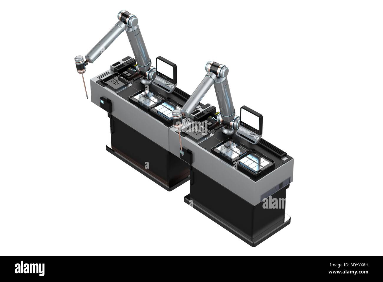 Concetto industriale dell'automazione con bracci robotici isometrici di rendering 3d con pannelli di controllo isolati su bianco Foto Stock