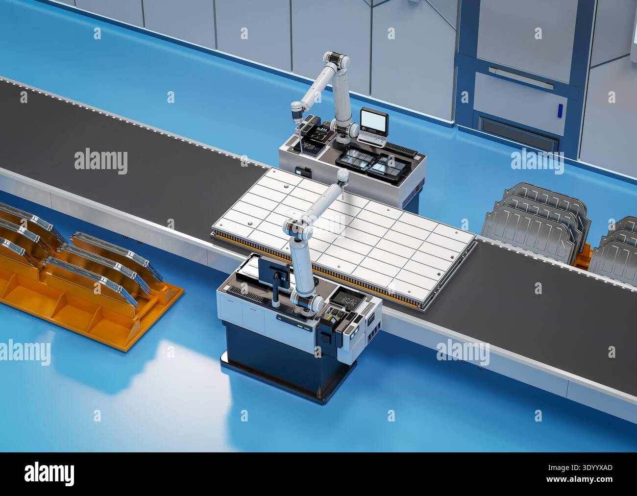 i bracci robotici di rendering 3d producono batterie per auto elettriche o un pacchetto di moduli di celle della batteria isometrici Foto Stock
