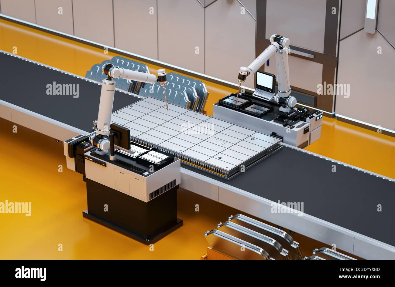 i bracci robotici di rendering 3d producono batterie per auto elettriche o un pacchetto di moduli di celle della batteria isometrici Foto Stock