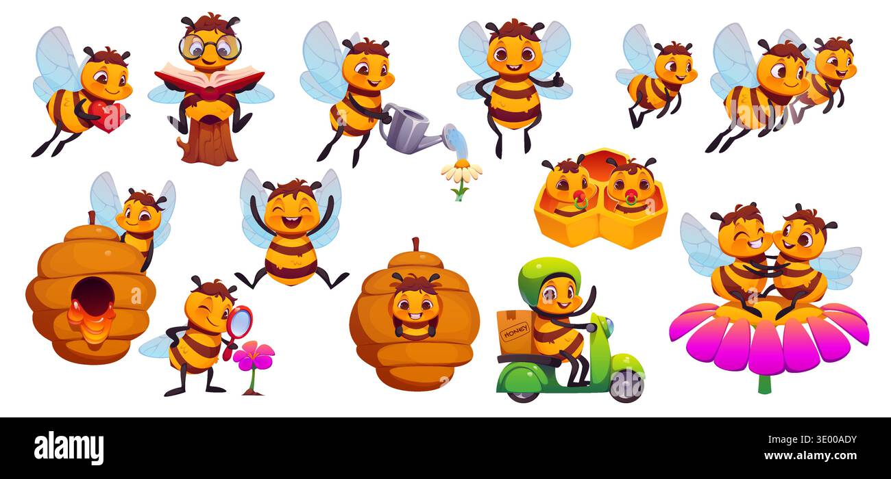 Personaggi delle api del miele cartoni animati con mascotte vettoriali, favo, fiori e alveare. Set di api felici per bambini e operai, api mellifere con miele e alveare, libro, lente d'ingrandimento e bicicletta per il parto Illustrazione Vettoriale