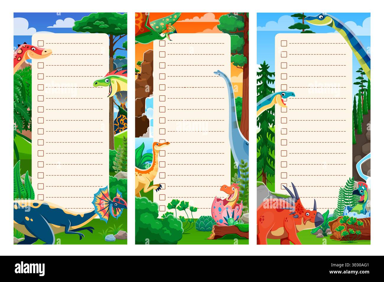Le note per i bambini sono impreziosite da simpatici dinosauri nella giungla preistorica. Pagina di carta vettoriale per notebook, diario o pianificatore scolastico, appunti per bambini o elenco di cornici di dinosauri e personaggi dei dinosauri Illustrazione Vettoriale