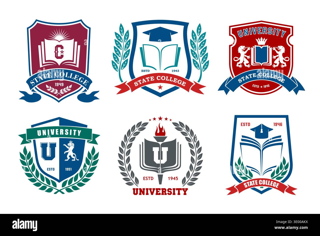 Icone dell'università, dell'accademia e dell'istruzione scolastica. Stemmi vettoriali a scudo di libri, cappelli di torcia e graduazioni con corone d'alloro e striscioni a nastro. Set di insegne araldiche universitarie o universitarie Illustrazione Vettoriale
