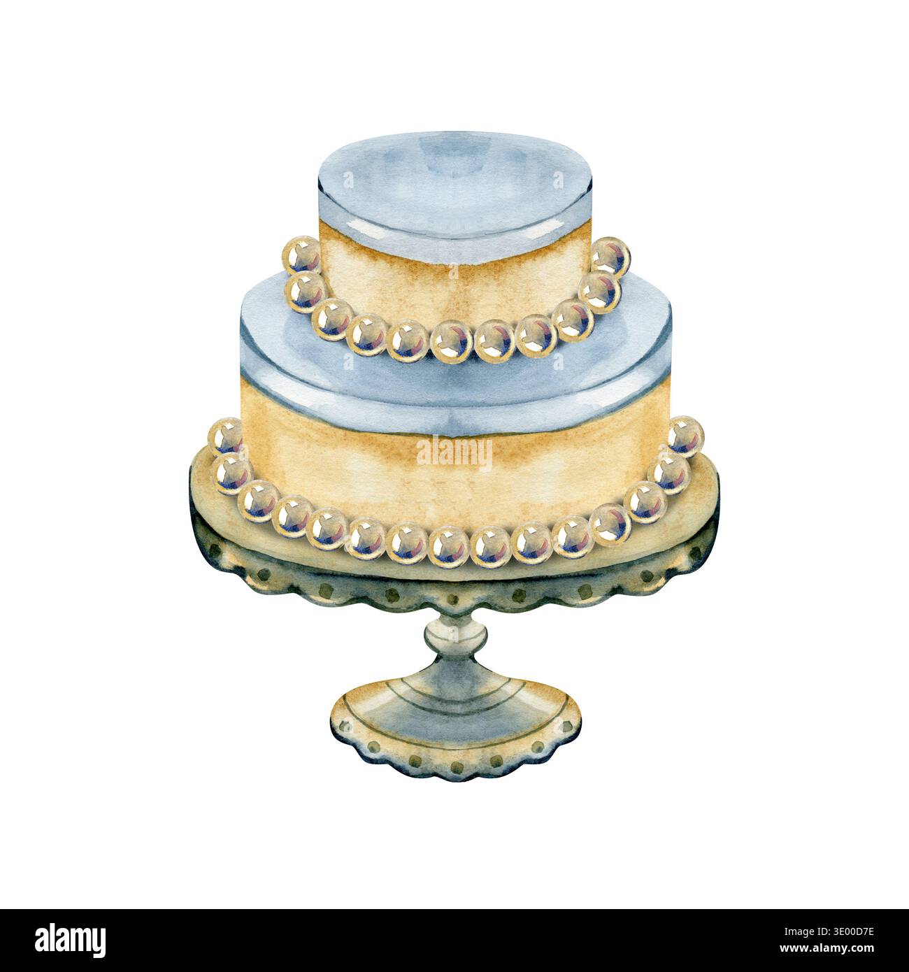 Elegante illustrazione ad acquerello di una torta nuziale a due piani su uno stand vintage, decorata con delicate perle commestibili. Un sofisticato dipinto a mano Foto Stock