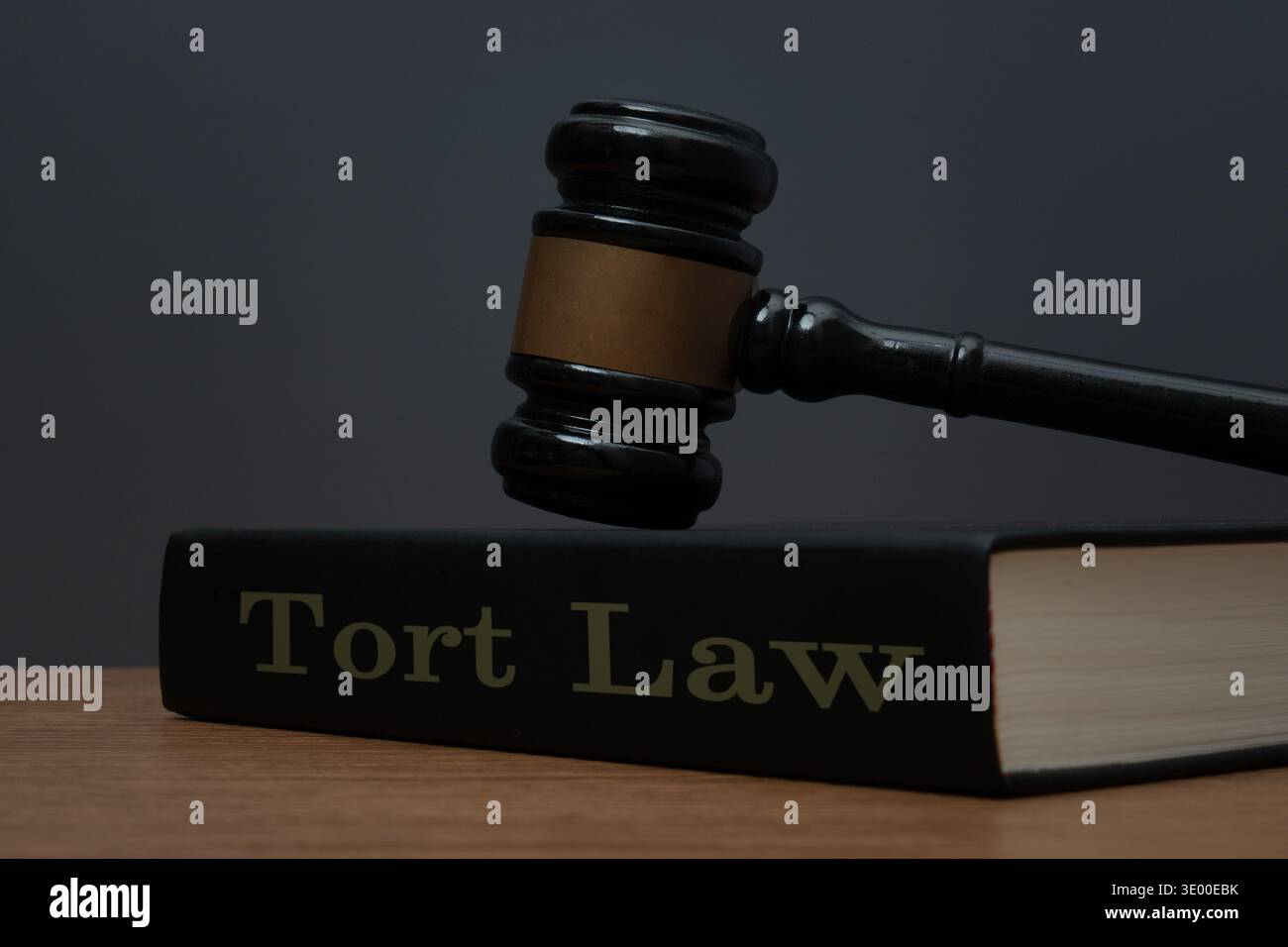 Il martelletto di un giudice nero su un libro intitolato TORT Law Against a dark background. Contenzioso civile, reclami per lesioni personali, responsabilità legale e negligenza Foto Stock