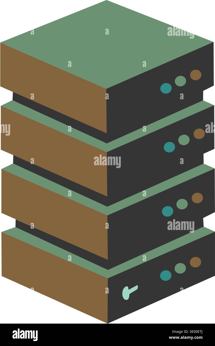 Illustrazione vettoriale isometrica di un rack server dati con quattro unità di elaborazione sovrapposte in stile Flat Design Illustrazione Vettoriale