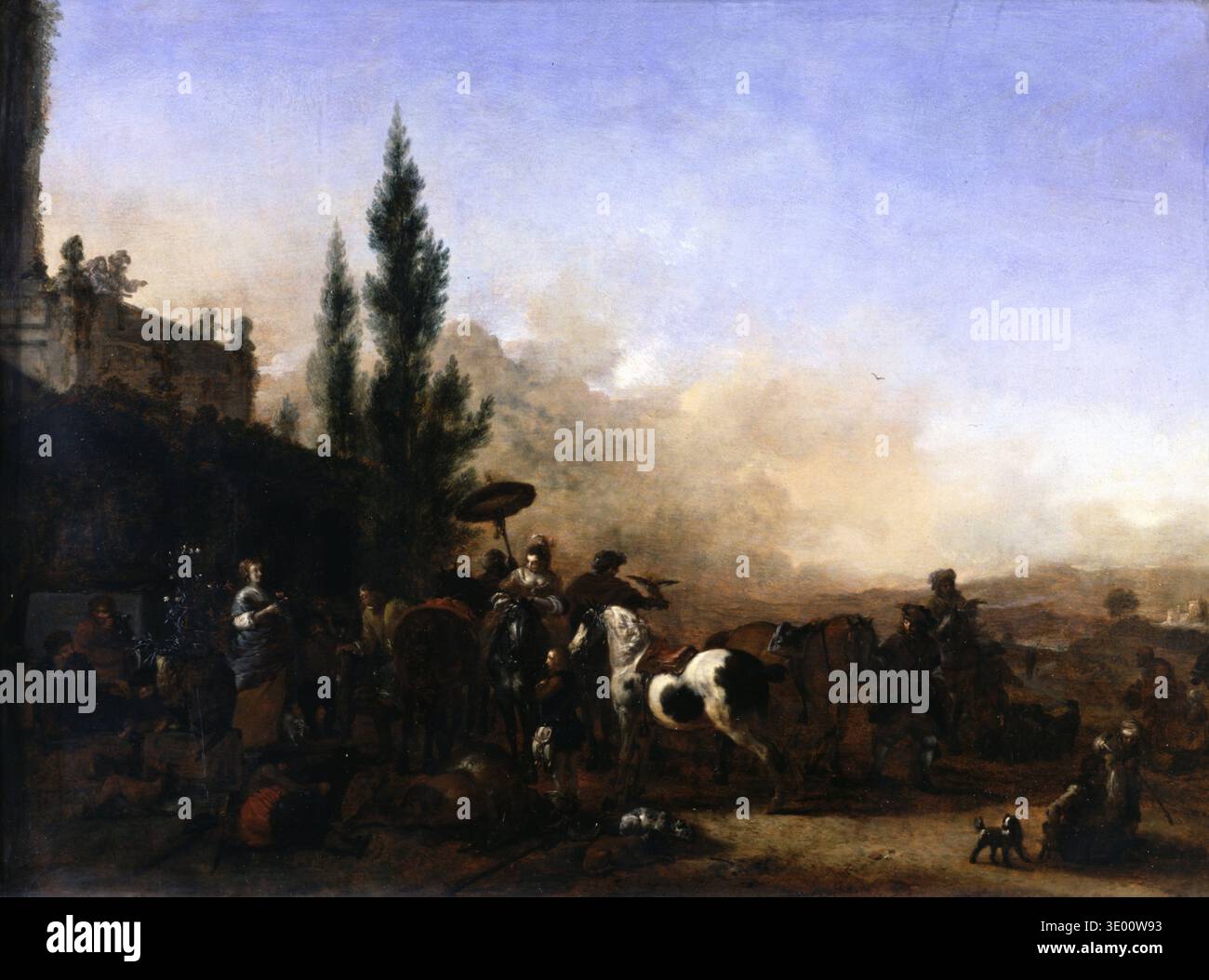 Questo dipinto ad olio del XVII secolo di Philips Wouwerman, intitolato "il ritorno da Hawking", raffigura una scena vivace dopo una spedizione di caccia. I cavalieri, circondati da numerose figure e cani, si riuniscono in un paesaggio sotto un cielo drammatico, caratteristico dei dipinti del secolo d'oro olandese. Foto Stock