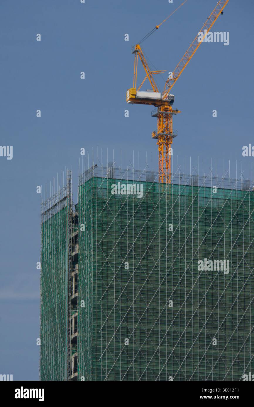 Gru a torre sopra un alto edificio in costruzione coperta da ponteggi e rete di sicurezza verde. Foto Stock