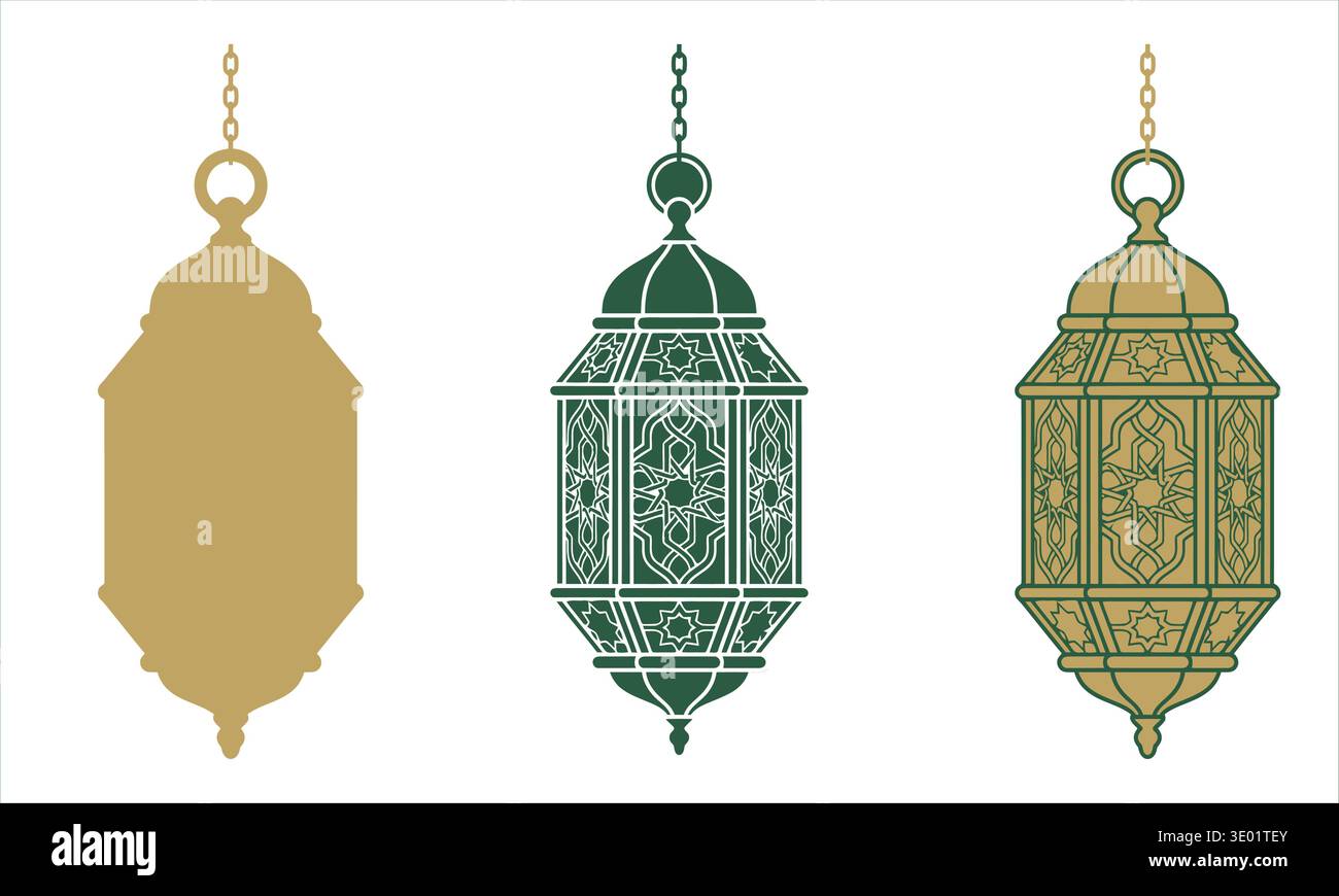 Una collezione di tre lanterne arabe ornate con intricati motivi geometrici. Presenta una silhouette dorata, una linea verde e contorni dorati, Illustrazione Vettoriale