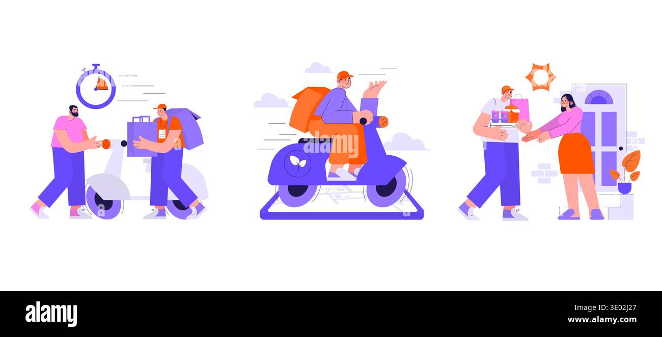 Illustrazione vettoriale del servizio di consegna di cibo. Corrieri su scooter che consegnano gli articoli in modo efficiente. Cliente che riceve merci a casa con un'interazione amichevole ed elevata energia. Illustrazione Vettoriale