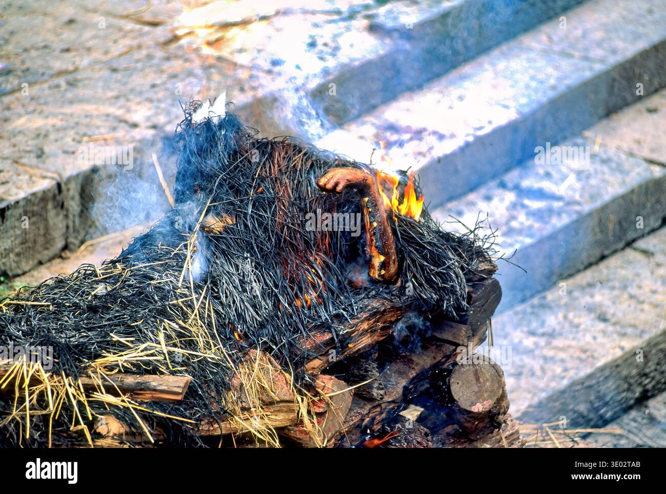La cremazione si svolge a Pashupatinath mentre il legno e le offerte bruciano. Il fumo sale nell'aria mentre il rituale si svolge lungo la riva del fiume. Foto Stock