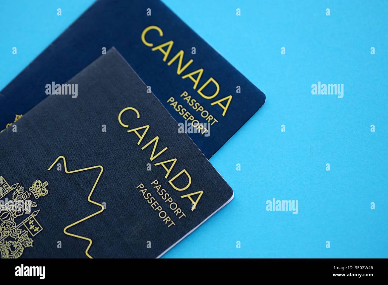 Passaporti canadesi sul tavolo da vicino. Libri di documenti di identificazione ufficiali per i cittadini del Canada. Concetto di viaggio e turismo Foto Stock