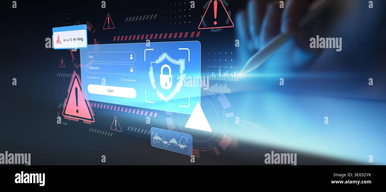 Schermata autenticazione protetta con avvisi di sicurezza e verifica utente. Foto Stock