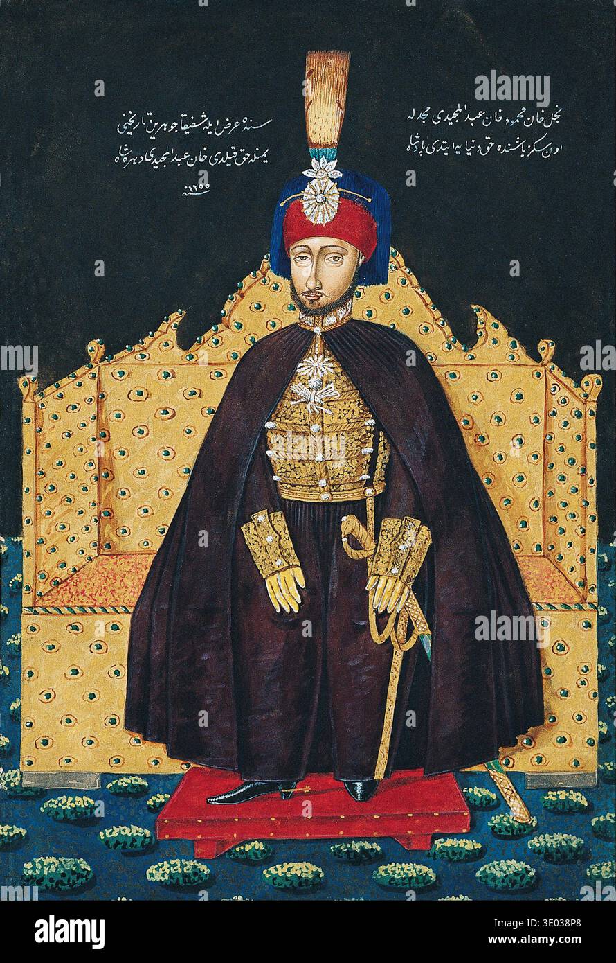 Questo ritratto del XIX secolo raffigura il sultano Abdülmecid i, che regnò sull'Impero ottomano dal 1839 al 1861. Il dipinto vibrante e riccamente dettagliato lo mostra seduto su un trono dorato, adornato con elaborati abiti reali, che riflettono lo splendore della corte ottomana durante gli anni '1840 Foto Stock
