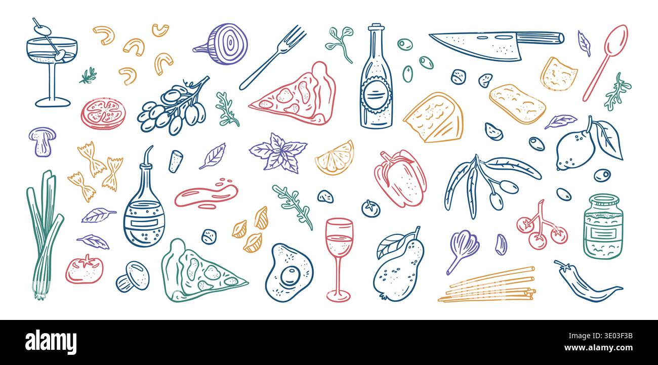 Cocktail Doodle. Bottiglia di vino da bere. Pezzo di pizza. Disegno linea a colori. Fetta di verdure. Bevanda alcolica con limone e ghiaccio. Stampa del contorno minima. Poster di compleanno tropicale. Set di elementi grafici vettoriali Illustrazione Vettoriale