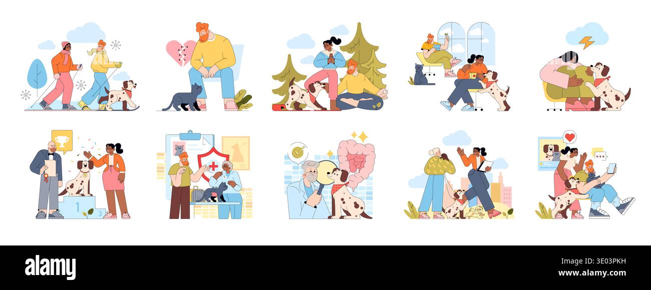 Un vivace set di illustrazioni vettoriali che raffigura varie interazioni con animali domestici, come camminare, giocare e prendersi cura di loro. Le persone si impegnano con cani e gatti in gioiose attività quotidiane. Illustrazione Vettoriale
