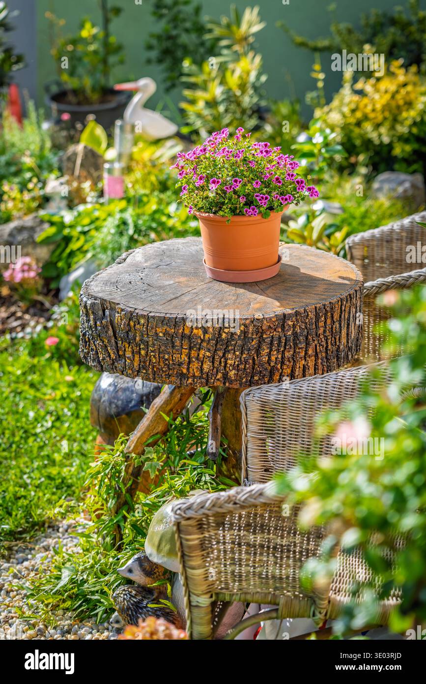 Bellissimo piccolo patio con tavolo in legno e vaso di fiori Foto Stock