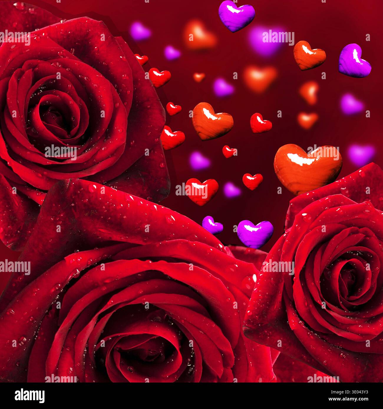 Rose rosse con cuori fluttuanti, sfondo di San Valentino, decorazioni romantiche con biglietti d'auguri per la celebrazione dell'amore Foto Stock
