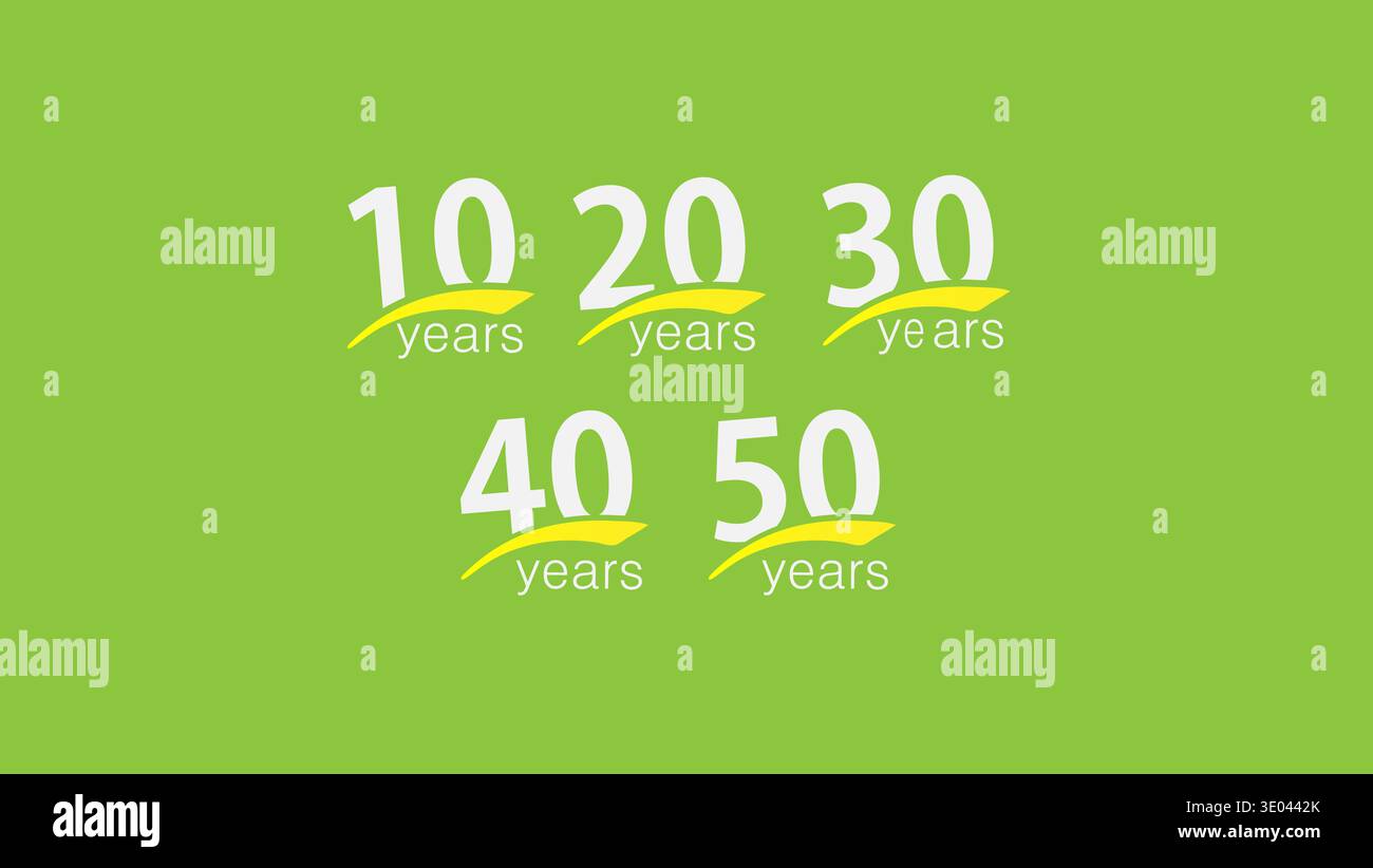 Anniversary Years Milestone Icons Set 10 20 30 40 50 su sfondo verde per Celebration Foto Stock