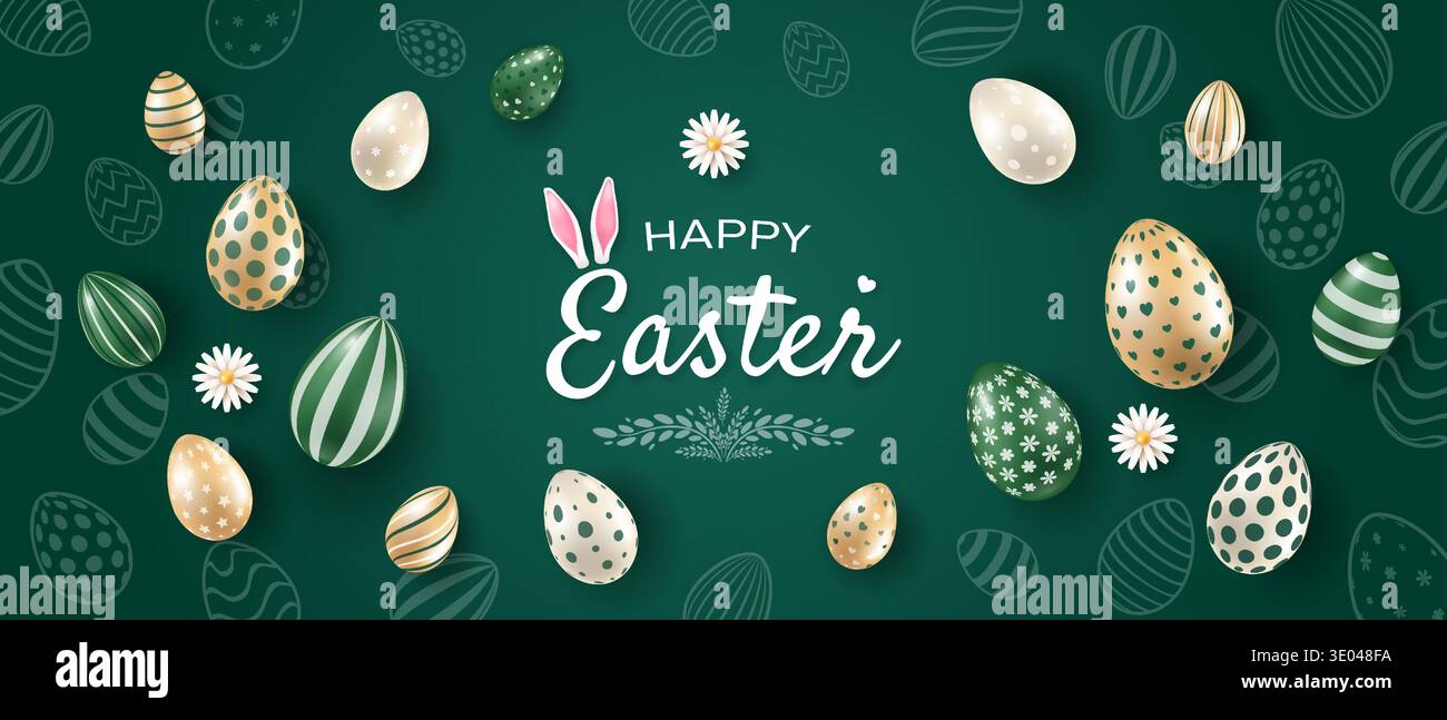 Buona Pasqua. Realistiche uova di Pasqua dorate, verdi e bianche su sfondo verde. Illustrazione Vettoriale