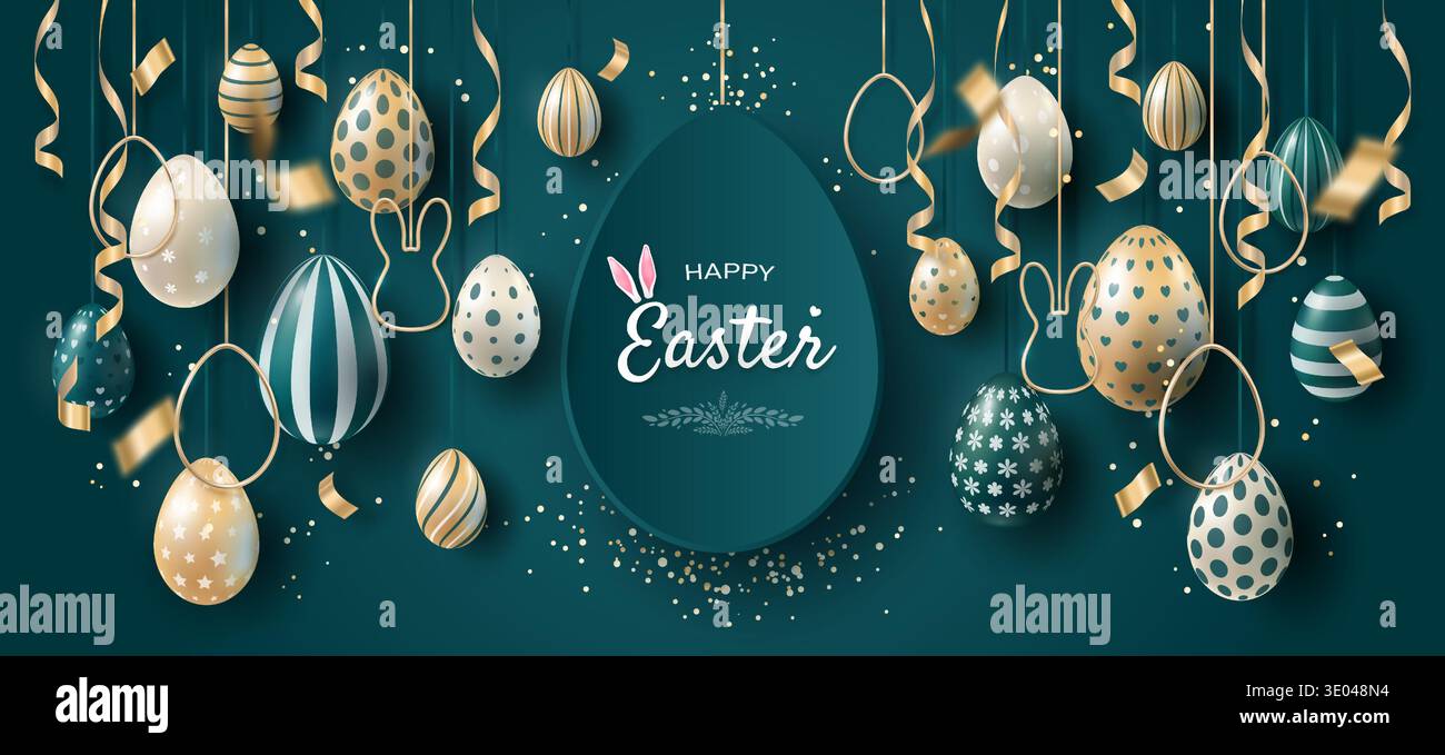 Banner per le buone feste di Pasqua su sfondo blu scuro, con uova dipinte nei colori oro, bianco e verde, sospese su nastri dorati, con coniglio Illustrazione Vettoriale