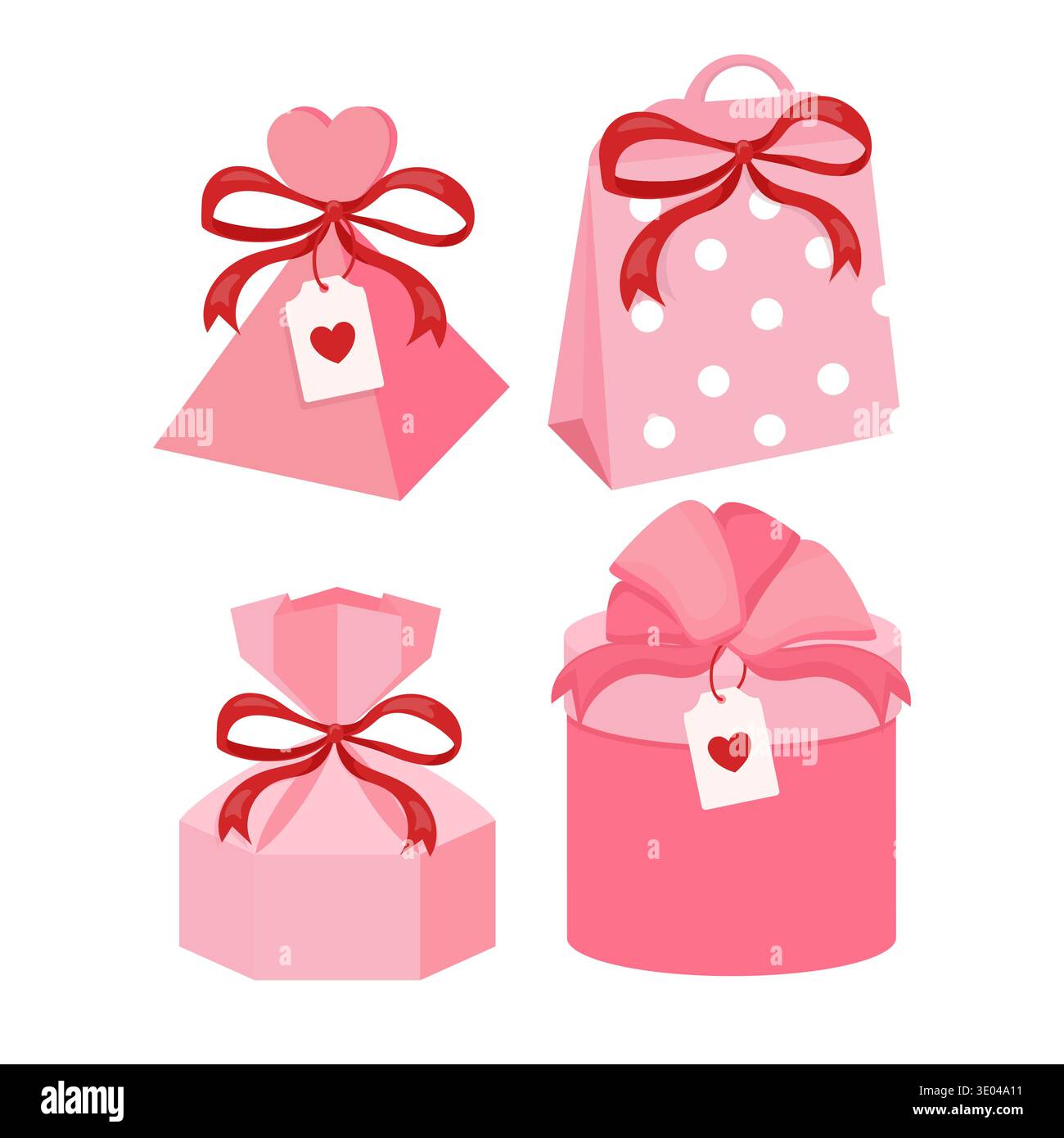 Raggruppando varie confezioni regalo rosa e sacchetti di carta, con fiocchi rossi, cartellini cardiaci e motivi a pois, pronti per occasioni romantiche Illustrazione Vettoriale