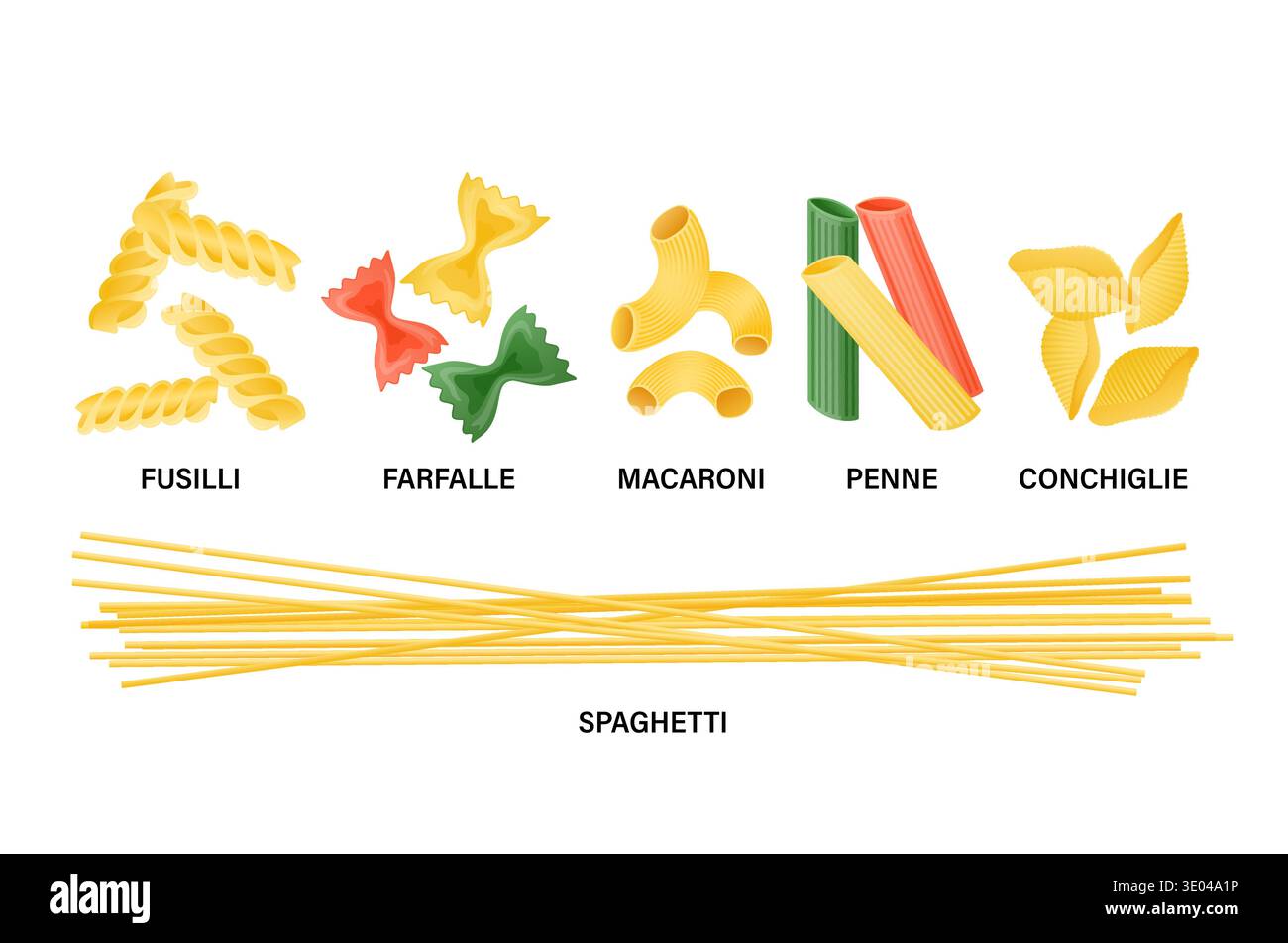 Collezione di pasta di varie forme e colori, con piatti popolari per la cucina italiana e la preparazione dei pasti Illustrazione Vettoriale