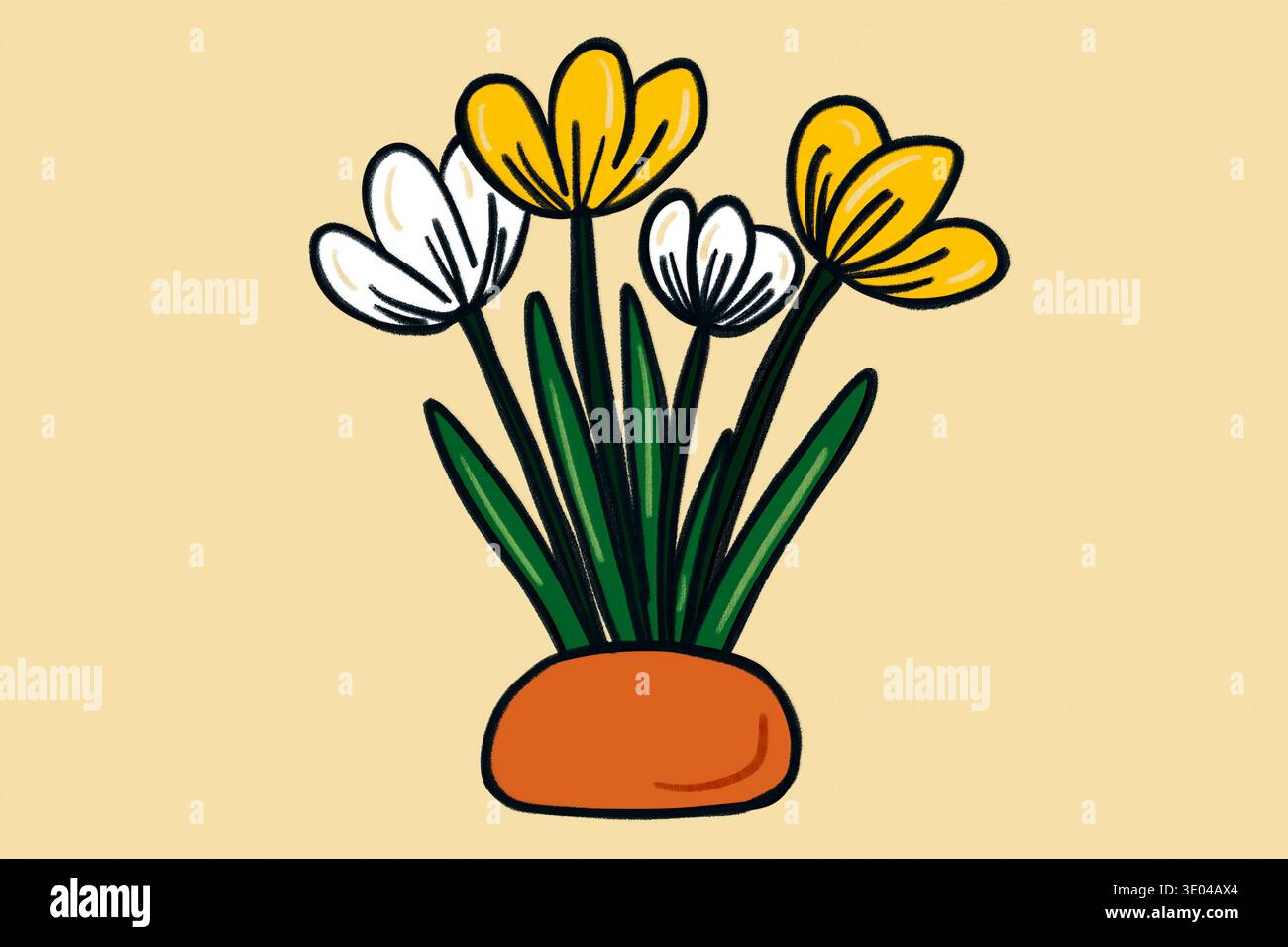 Un'illustrazione artistica di vivaci fiori primaverili in tonalità gialle e bianche, raffigurati in modo stilizzato e simile a un cartone animato su un morbido dorso beige Foto Stock