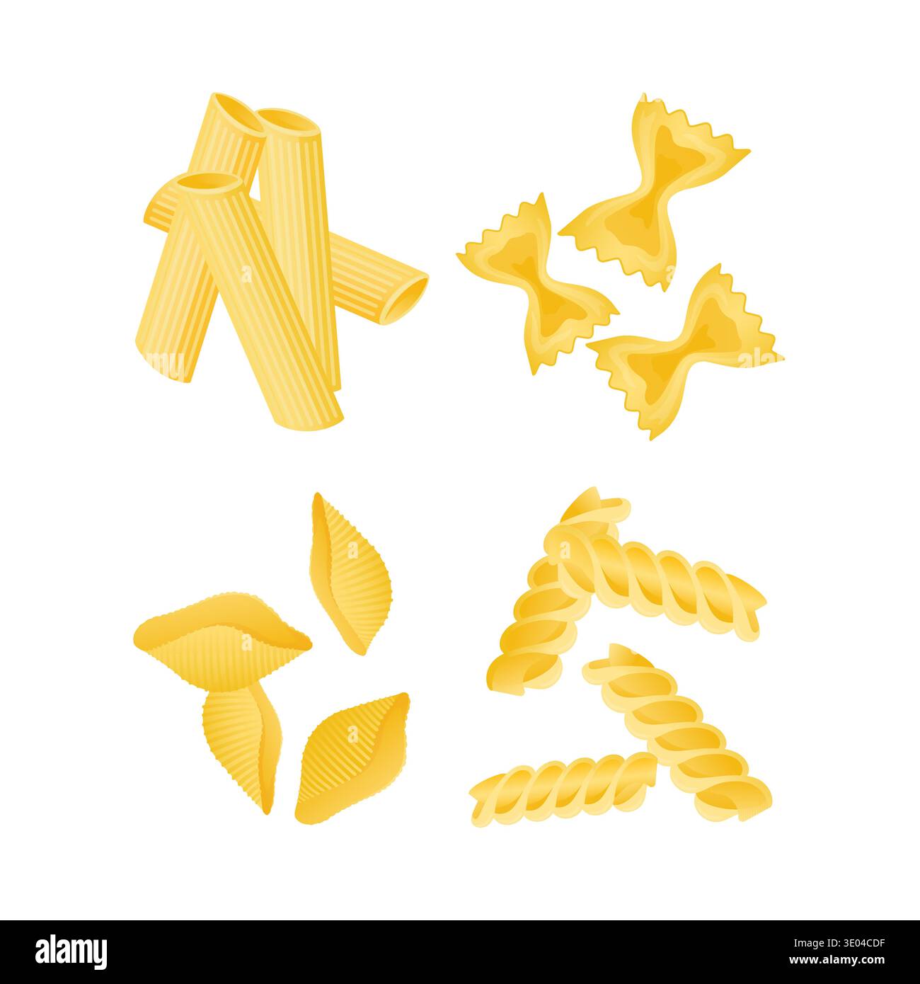 Vari tipi di pasta cruda di grano duro, tra cui rigatoni, papillon, spirali e conchiglie, illustrano le scelte per la cucina italiana Illustrazione Vettoriale