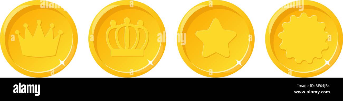 Medaglie d'oro con stelle e corone. Distintivi Golden Reward. Sigillo di garanzia di qualità. Leader o miglior risultato. Monete brillanti. Vincere la competizione Illustrazione Vettoriale